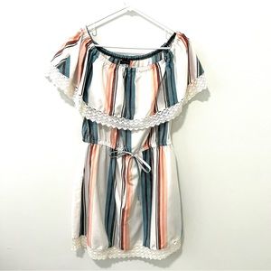 STYLE HOUSE Off the Shoulder Ruffled Frill Trim Pastel Striped Summer Dress